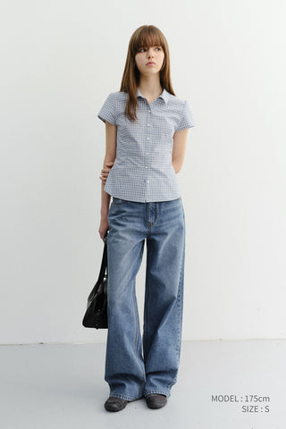VINTAGE CAP SLEEVE SLIM SHIRT SOFT BLUE CHECK