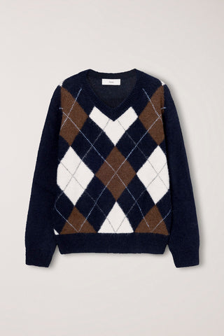 UNISEX HAIRY ALPACA ARGYLE SWEATER NAVY