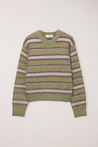 UNISEX STRIPED HAIRY SWEATER OLIVE PINK