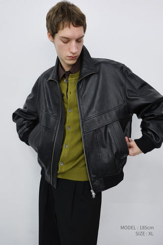 UNISEX STAND COLLARED LEATHER BLOUSON BLACK