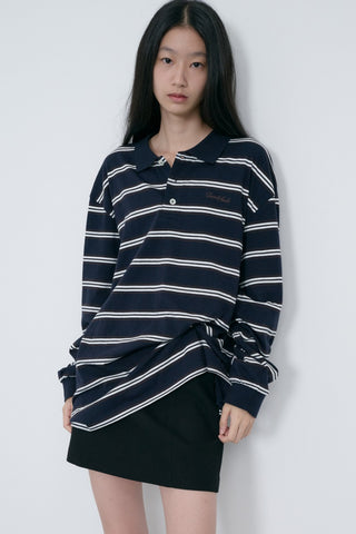 UNISEX MULTI STRIPE COLLARED T-SHIRT NAVY STRIPE