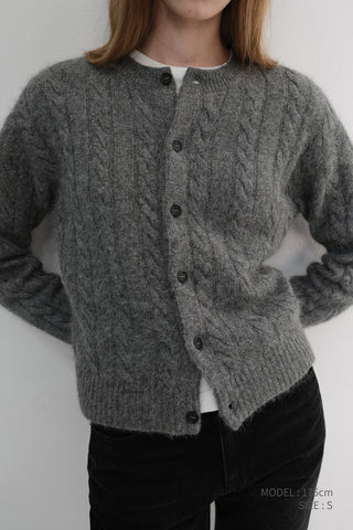 UNISEX HAIRY CABLE CREW NECK CARDIGAN MELANGE GREY