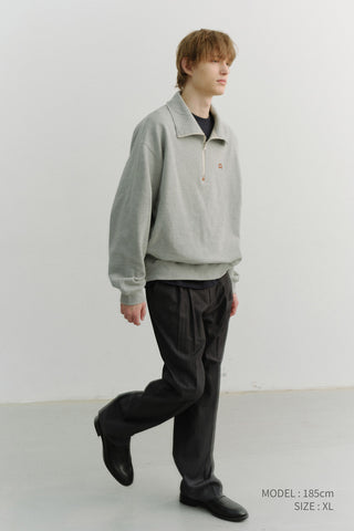 UNISEX LEATHER LOGO HALF ZIP-UP SWEATSHIRT MELANGE GREY