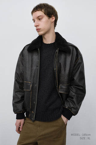 UNISEX DETACHABLE A-2 LEATHER BLOUSON BRUSHED BLACK