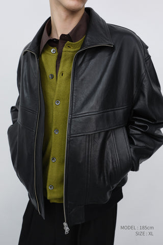 UNISEX STAND COLLARED LEATHER BLOUSON BLACK