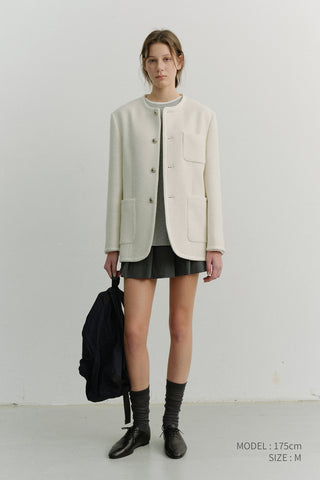 UNISEX COLLARLESS TWEED JACKET CREAM