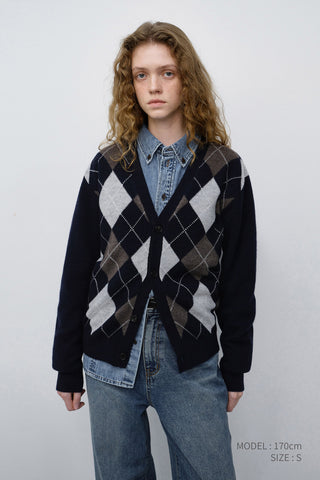 UNISEX V-NECK ARGYLE CARDIGAN NAVY