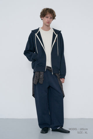 UNISEX LEATHER LOGO ZIP-UP HOODIE FRENCH NAVY