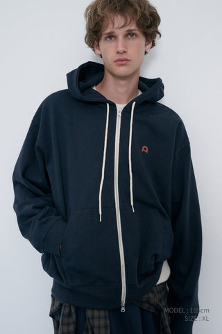 UNISEX LEATHER LOGO ZIP-UP HOODIE FRENCH NAVY