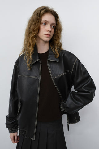 UNISEX REFINED LEATHER BLOUSON BRUSHED BLACK