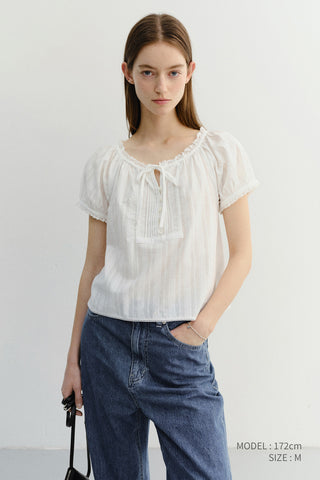 RIBBONED SHIRRING BLOUSE OFF WHITE