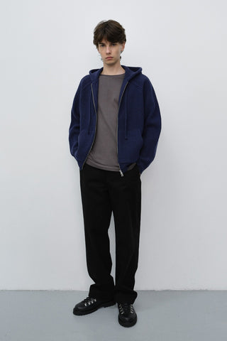 UNISEX HOODED KNIT CARDIGAN DARK BLUE