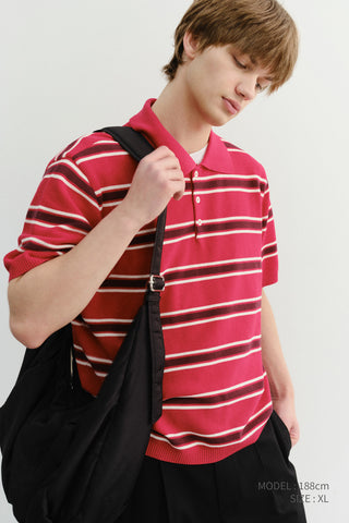 UNISEX MULTI STRIPED POLO KNIT RED BURGUNDY