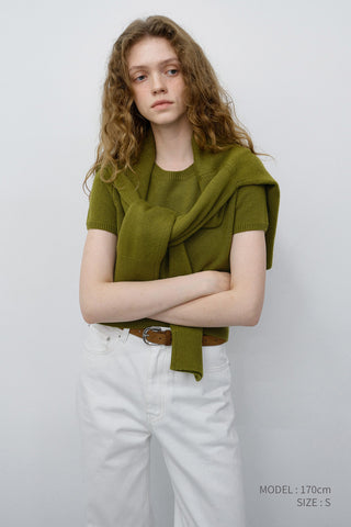 HALF SLEEVE KNIT TOP OLIVE GREEN
