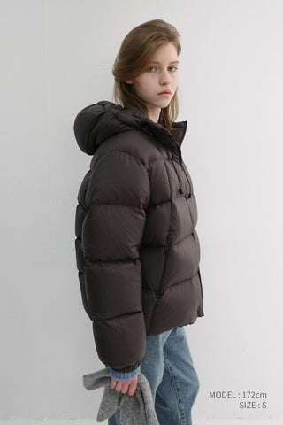 UNISEX HOODED VOLUME GOOSE DOWN JACKET DARK BROWN