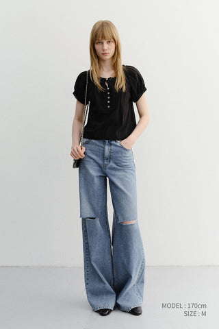 RIBBONED SHIRRING BLOUSE BLACK