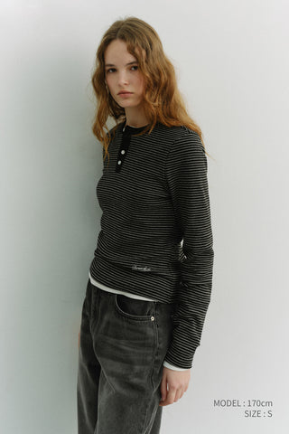 UNISEX HENLEY-NECK T-SHIRT BLACK STRIPE