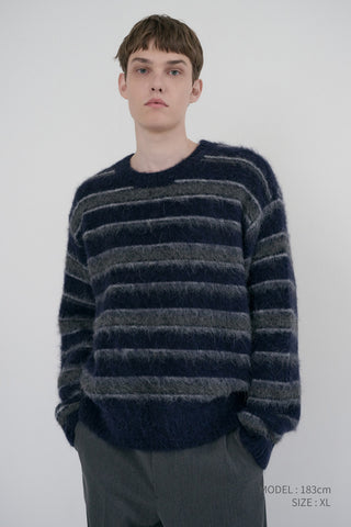 UNISEX STRIPED HAIRY SWEATER NAVY GREY