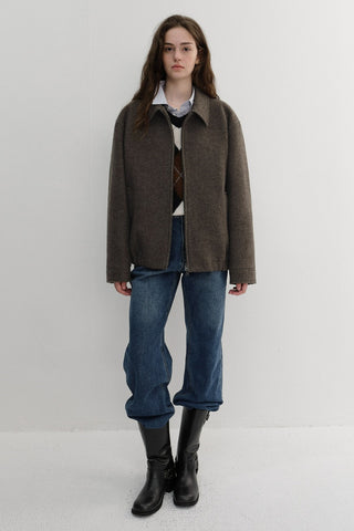 UNISEX COLLARED WOOL BLOUSON BROWN MELANGE