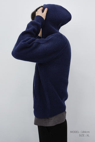 UNISEX HOODED KNIT CARDIGAN DARK BLUE