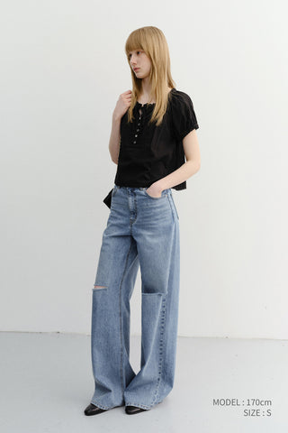 DAMAGED WIDE JEANS CLASSIC BLUE