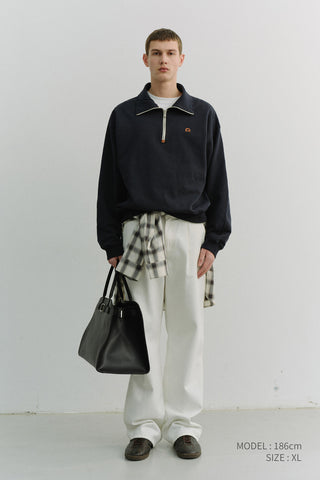 UNISEX LEATHER LOGO HALF ZIP-UP SWEATSHIRT FRENCH NAVY