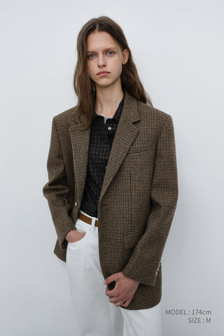 UNISEX CLASSIC 2 BUTTON WOOL BLAZER BROWN CHECK