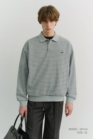 UNISEX STRIPED LOGO COLLARED T-SHIRT GREY
