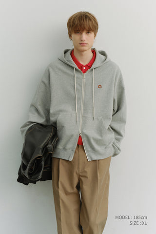 UNISEX LEATHER LOGO ZIP-UP HOODIE MELANGE GREY