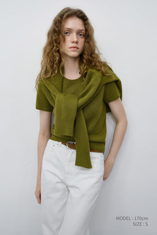 HALF SLEEVE KNIT TOP OLIVE GREEN