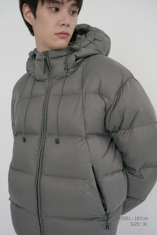 UNISEX HOODED VOLUME GOOSE DOWN JACKET GREYISH KHAKI