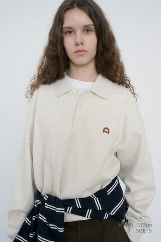 UNISEX LEATHER LOGO COLLARED T-SHIRT OATMEAL MELANGE