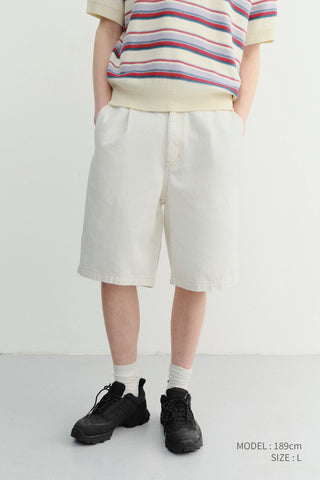 PLEATED BERMUDA DENIM SHORTS CREAM