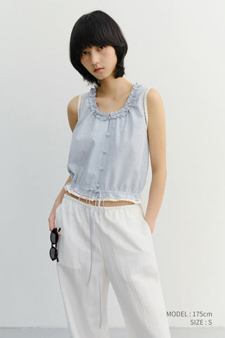 FRILL SLEEVELESS BLOUSE SOFT BLUE CHECK