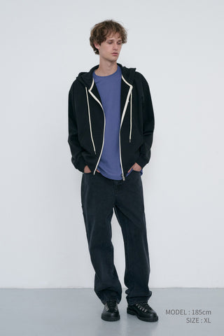 UNISEX LEATHER LOGO ZIP-UP HOODIE BLACK