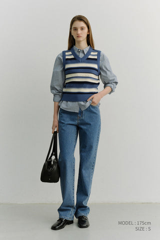 UNISEX CRAFTED STRIPED KNIT VEST BLUE CREAM