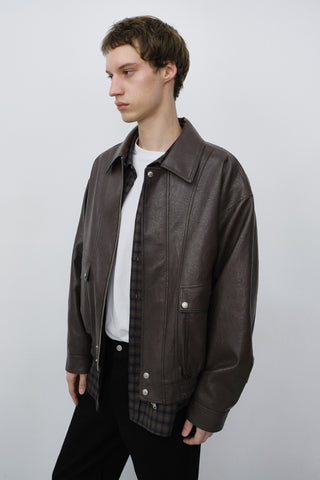 UNISEX ALTER-LEATHER ZIP-UP BLOUSON DARK BROWN