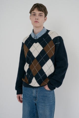 UNISEX HAIRY ALPACA ARGYLE SWEATER NAVY