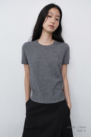 HALF SLEEVE KNIT TOP MELANGE GREY