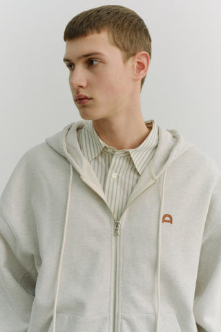 UNISEX LEATHER LOGO ZIP-UP HOODIE OATMEAL MELANGE
