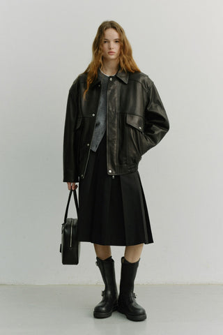 UNISEX OVERSIZED VINTAGE LEATHER BLOUSON BLACK