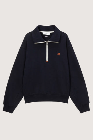 UNISEX LEATHER LOGO HALF ZIP-UP SWEATSHIRT FRENCH NAVY