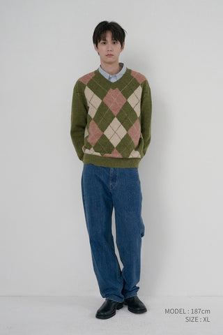 UNISEX HAIRY ALPACA ARGYLE SWEATER OLIVE KHAKI