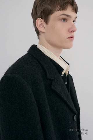 UNISEX 2-WAY 3 BUTTON BOUCLE WOOL COAT BLACK