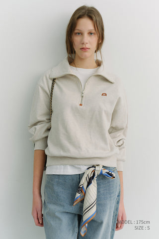 UNISEX LEATHER LOGO HALF ZIP-UP SWEATSHIRT OATMEAL MELANGE
