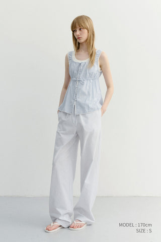 SHIRRING SLEEVELESS BLOUSE SOFT BLUE STRIPE