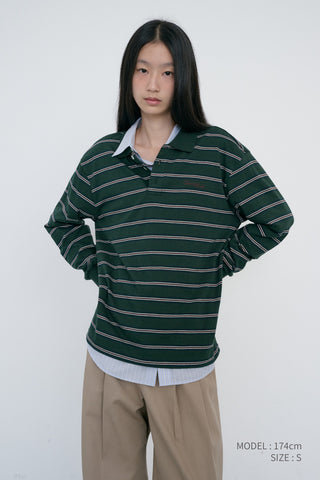 UNISEX MULTI STRIPE COLLARED T-SHIRT FOREST GREEN STRIPE