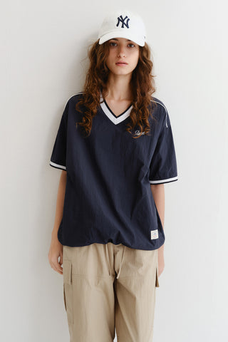 UNISEX V-NECK WOVEN TOP NAVY