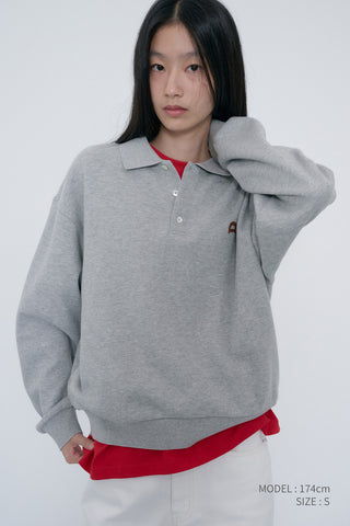UNISEX LEATHER LOGO COLLARED T-SHIRT MELANGE GREY