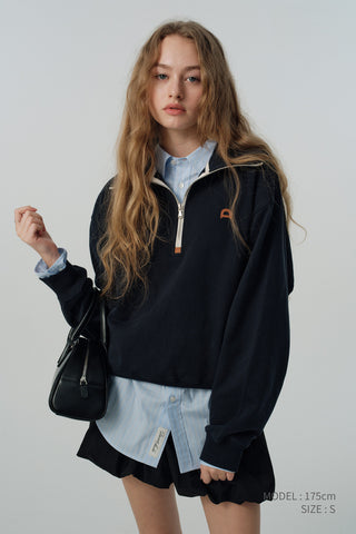 UNISEX LEATHER LOGO HALF ZIP-UP SWEATSHIRT FRENCH NAVY